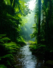 Fototapeta premium A tranquil stream flows through a lush, rain-soaked forest, sunlight filtering through the leaves