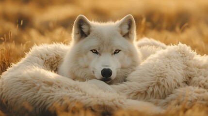 Obraz premium Majestic arctic wolf rests peacefully golden sunset light. AI Generated