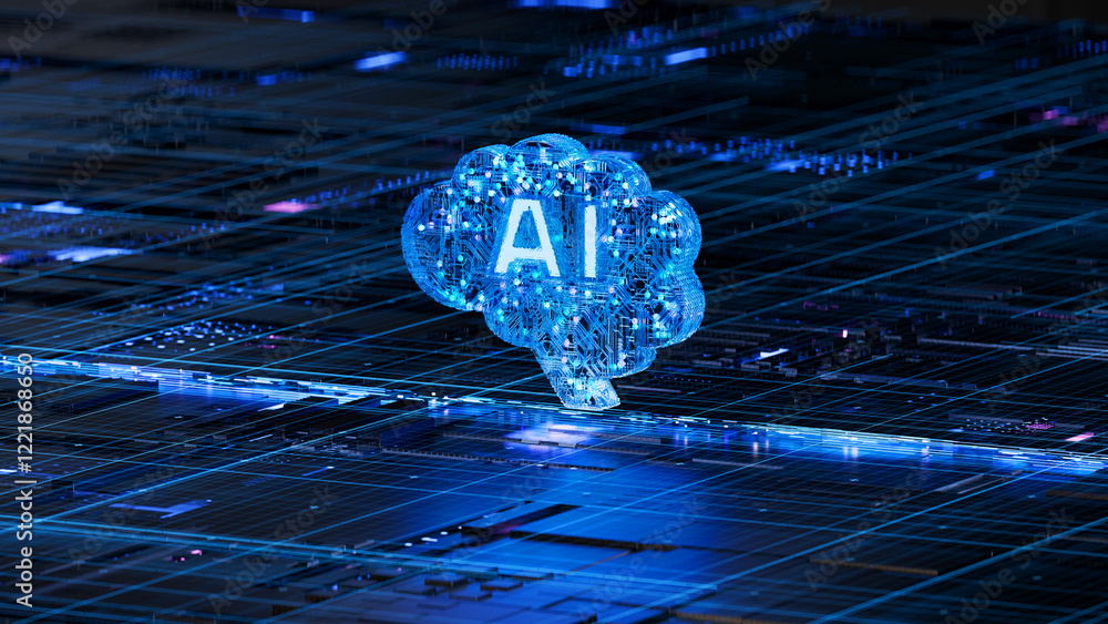 Poster ai brain on circuit board symbolizes intelligence and technology integration. 3d rendering, conceptu