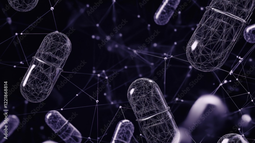 Poster a digital representation of capsules interconnected by a web of lines, symbolizing technology and in
