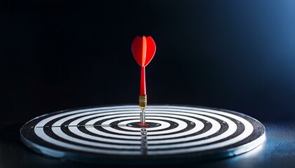 Red dart hitting the bullseye on a dartboard.