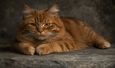 Obraz premium Ginger cat resting on a dark gray surface against a textured background