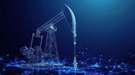 A digital rendering of an oil pump jack amidst a network of glowing particles, symbolizing energy and technology in the oil industry.