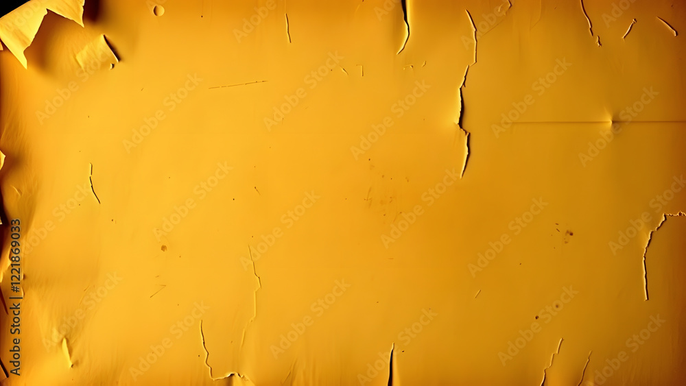 Poster peeling yellow paint or paper with cracks and chips, creating a textured and distressed abstract bac