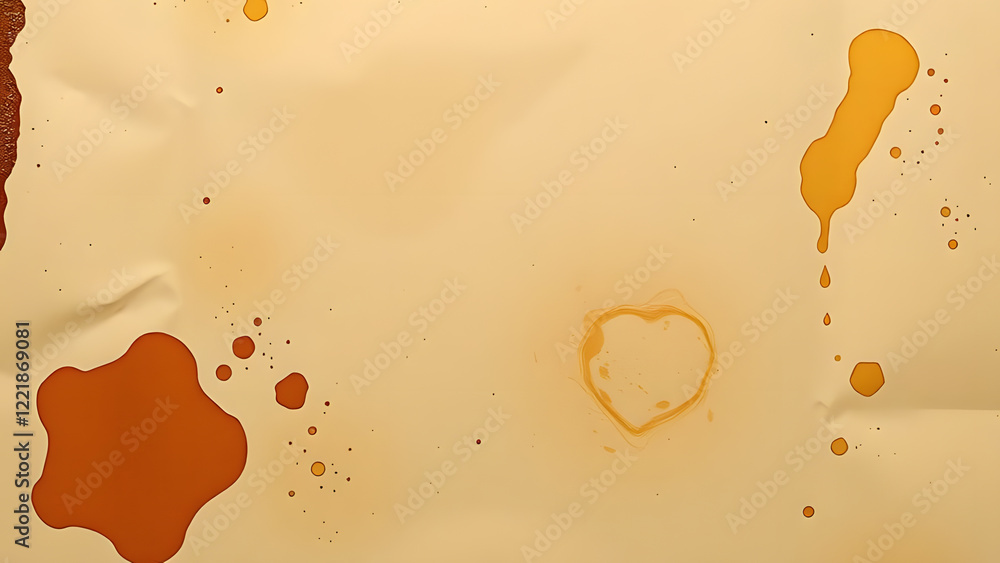 Poster light beige paper with orange and brown stains and splatters, creating an abstract and textured back