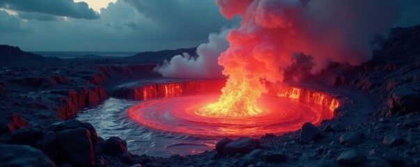 Molten lava flowing into a pool of dark water, cloud, flames