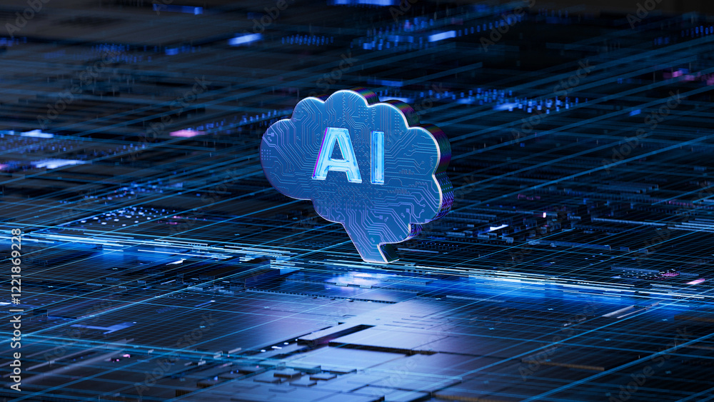 Poster ai brain on circuit board symbolizes intelligence and technology integration. 3d rendering, conceptu