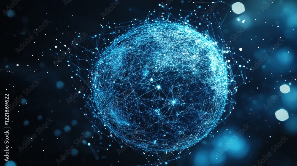 Poster a glowing, abstract sphere composed of interconnected lines and dots, symbolizing data, technology, 
