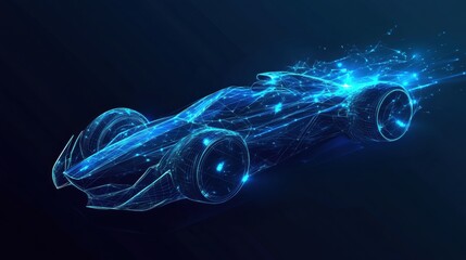 A futuristic digital representation of a race car, highlighted by glowing blue particles, suggesting speed and advanced technology.