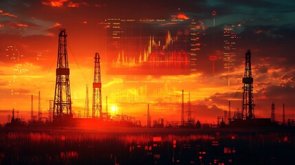Fototapeta premium Fiery sunset dramatically illuminates industrial skyline; vibrant orange hues paint a powerful scene.. AI Generated