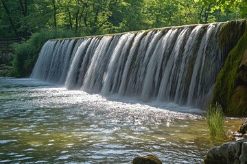 Waterfall cascading over a stone barrier in a peaceful forest setting on a sunny day