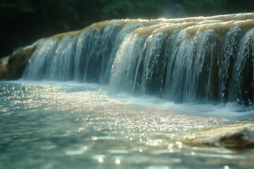 Cascade of clear water flowing over rocks in a tranquil forest setting during sunny daylight hours