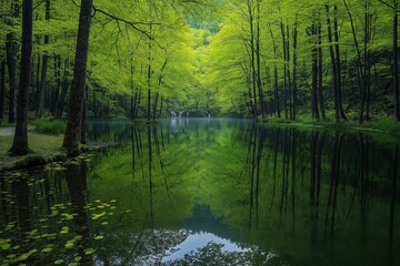 Calm forest with vibrant green trees reflections in clear water during midday