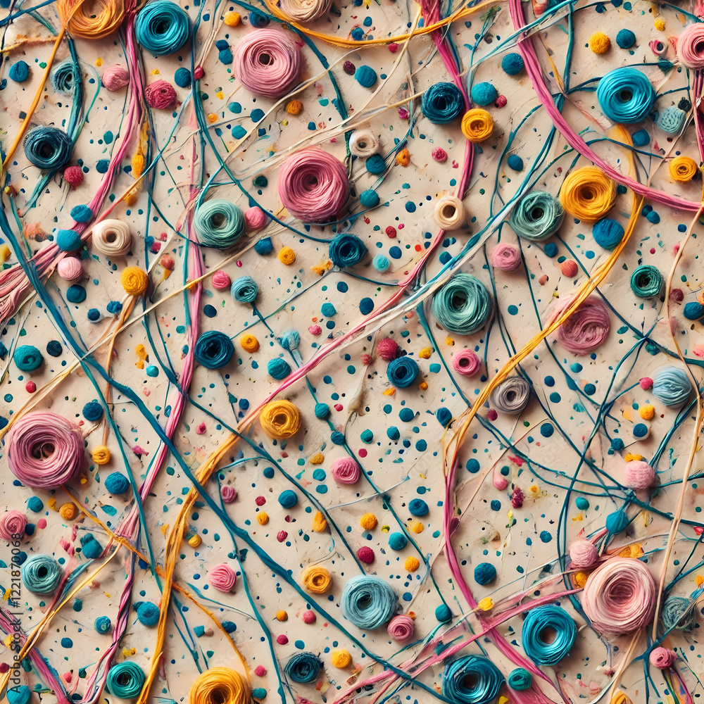 Aufkleber colorful spools of thread and scattered dots create a vibrant and playful abstract composition