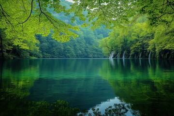 Obraz premium Serene water body surrounded by lush greenery during a calm afternoon