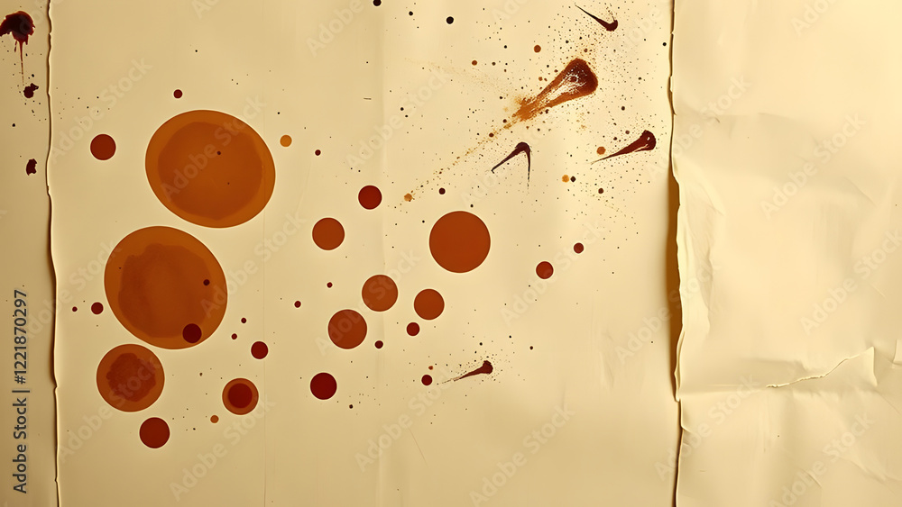 Poster beige paper with brown and reddish-brown splatters and drips, creating an abstract and textured back