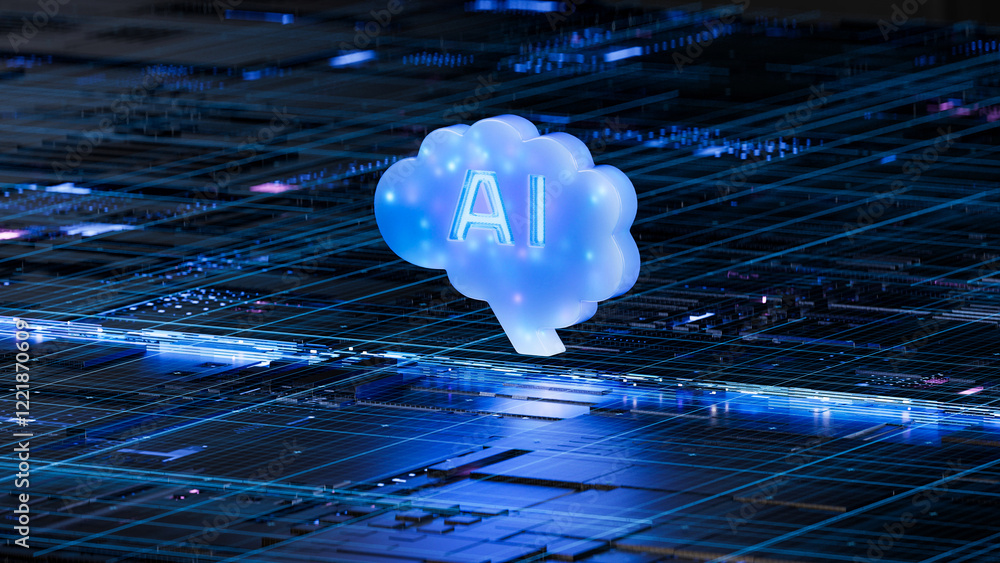 Aufkleber ai brain on circuit board symbolizes intelligence and technology integration. 3d rendering, conceptu