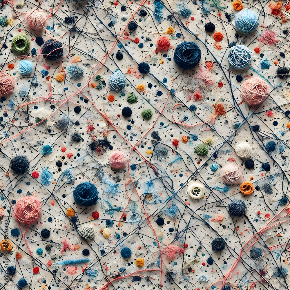 Poster colorful yarn balls and threads scattered across a textured surface create a vibrant abstract
