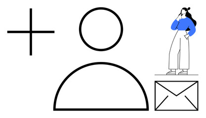 Plus sign, user icon, woman holding phone, envelope sign visually symbolizing user addition, profile creation, communication, messaging, contact management social networking user interface. Ideal