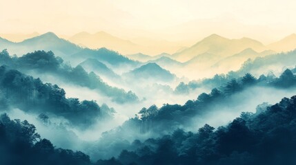 Fototapeta premium Misty Mountains Enveloped in Serene Morning Fog