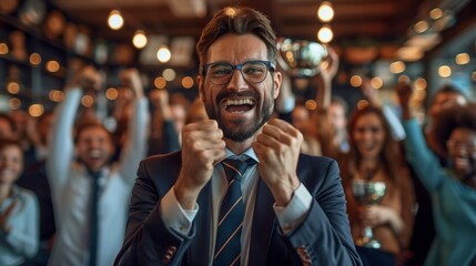 Smiling man in a suit with glasses and tie celebrating with a group of people. AI generative. .
