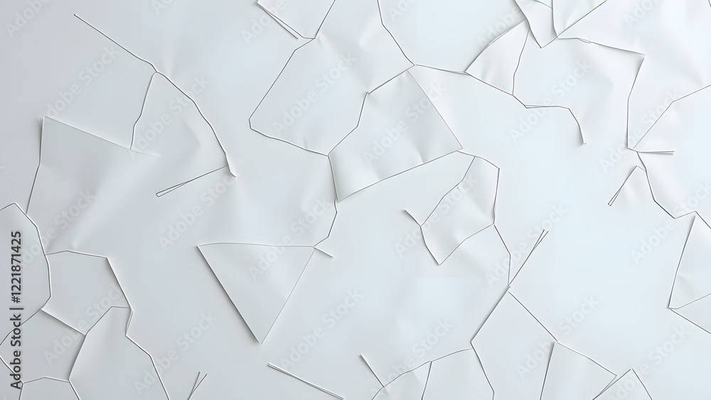 Poster white paper fragments with subtle shadows on a white background, creating a minimalist and abstract 
