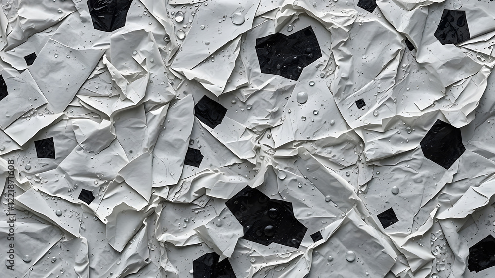 Poster wet, crumpled white paper with black patches, creating a textured and abstract background with water