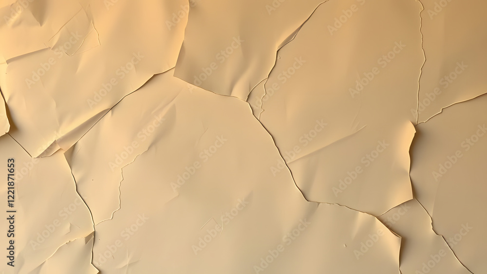 Poster peeling beige paint or paper with large flakes, creating a textured and abstract background with irr