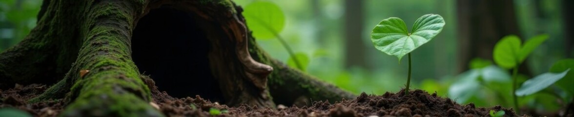 Obraz premium Monstera plant growing in a hollow tree trunk, forest, roots, tree trunk