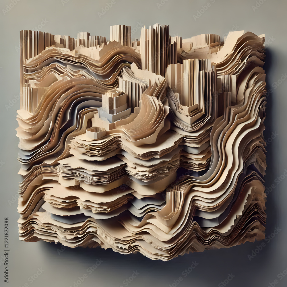 Aufkleber layered paper creates a three-dimensional abstract cityscape with flowing lines and textures