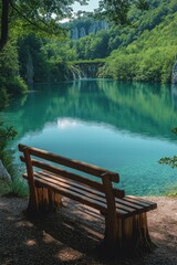 Fototapeta premium Serene lake view with a wooden bench surrounded by lush greenery and calm waters in a nature setting