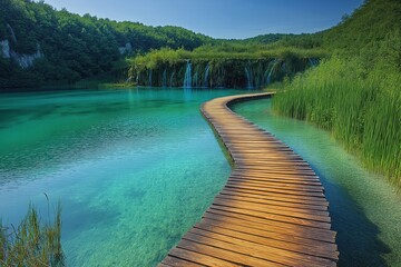 Naklejka premium Wooden pathway winding through turquoise water and vibrant greenery in a serene natural landscape