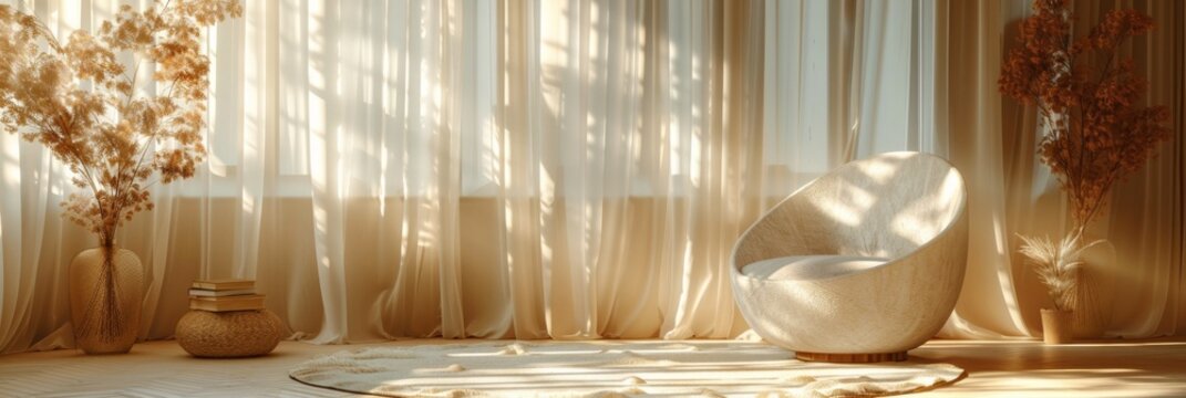 A beige armchair sits in front of a sheer curtain, illuminated by warm sunlight. AI generative. .