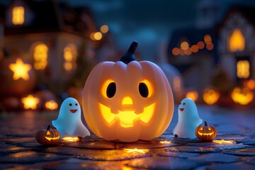 Lit jack-o-lantern with two ghosts on a cobblestone path at night. AI generative. .
