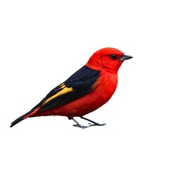 Colorful bird isolated with white background.A vibrant scarlet tanager bird with black wings perched on a white background, showcasing its bright red plumage and distinctive black accents.