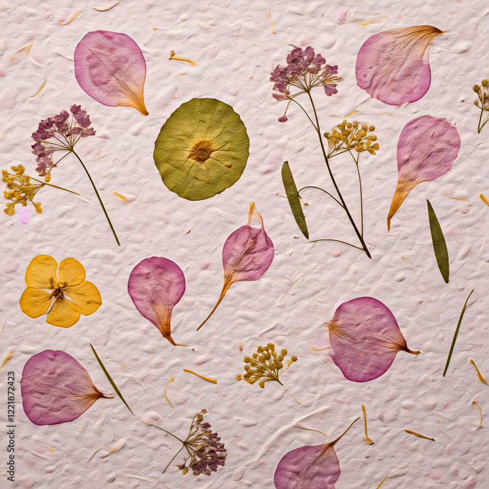Poster pressed flowers and petals on textured paper, creating a delicate and natural botanical pattern