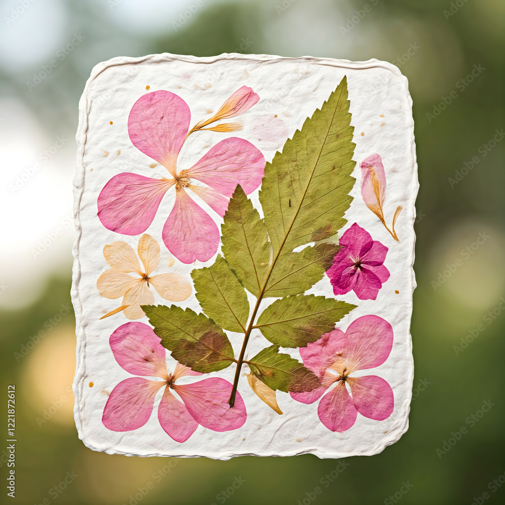 Poster pressed flowers and a leaf arranged on handmade paper, creating a delicate and natural botanical com
