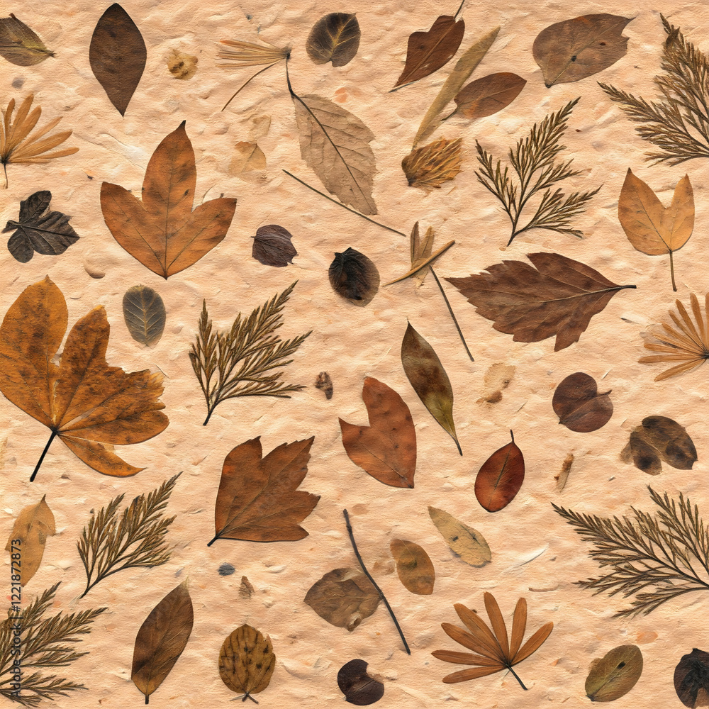 Poster dried leaves seeds and small branches scattered on textured paper creating a natural autumnal patter