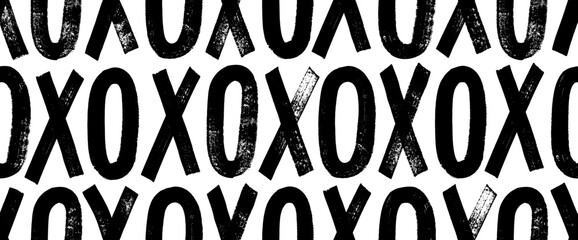 Capital letters x and o drawn by bold brush. Typographic grunge seamless pattern with bold letters. Stamp typography banner. Dirty textured vector font. Hand drawn characters with a rough  texture.