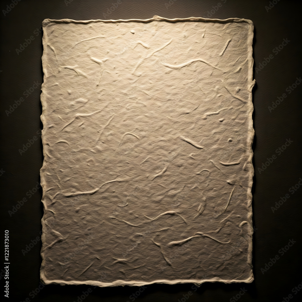 Poster rough textured paper with embedded fibers, illuminated against a dark background, creating a subtle 