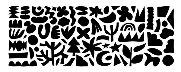 Funky abstract geometric cutout shapes and icons. Hand drawn monochrome primitive and naive organic figures. Flat abstract organic shapes, plants and branches. Doodle contemporary forms.