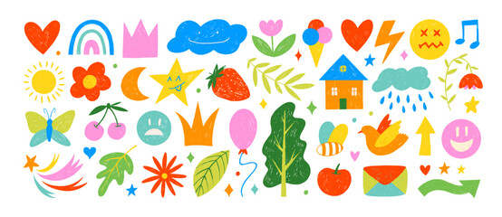 Children school, kindergarten vector doodle set. Crayon drawn cute funky shapes and childish illustrations. Hand drawn vector naive doodles, kid figures for collages and graphic design.