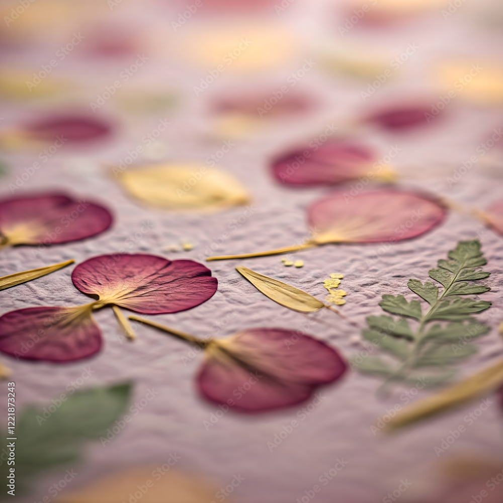 Poster pressed flowers and leaves arranged on textured paper create a delicate and natural pattern with sof