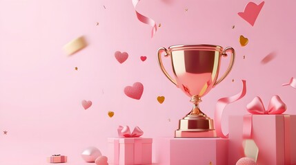Fototapeta premium Rose Gold Trophy With Pink Gifts And Hearts
