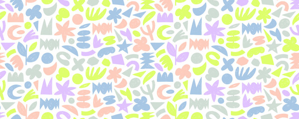Seamless pattern with pastel colored crayon drawn organic shapes. Hand drawn geometric figures, organic plant shapes, geometric naive forms with pencil texture. Retro torn paper rough figures.