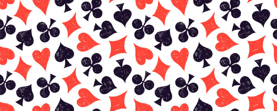 Crayon drawn poker card suits seamless banner design with red and black hearts, clubs, spades and diamonds.