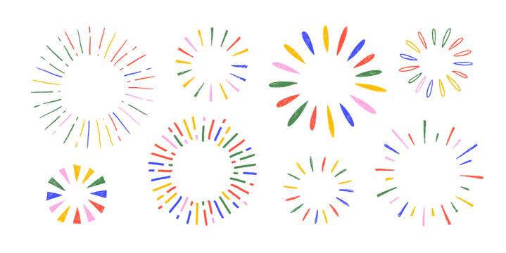 Colorful crayon drawn circle sunburst shapes collection. Vector ink illustration of sun beams, attention emphasis circles.