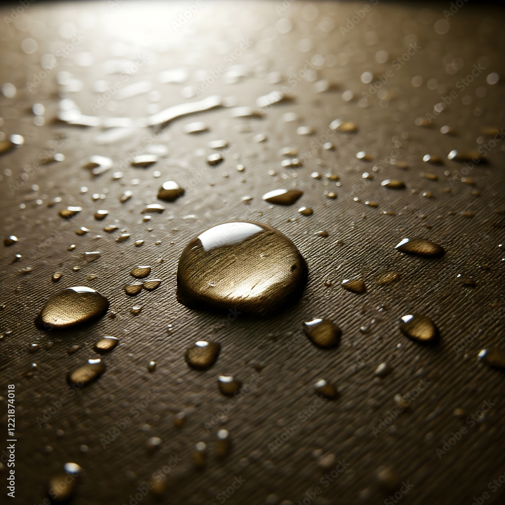 Poster water droplets on a textured brown surface, creating a glistening and abstract pattern with reflecti