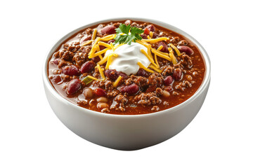 Traditional chili with ground beef beans cheese and sour cream in white bowl isolated on white or transparent, PNG