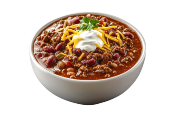 Traditional chili with ground beef beans cheese and sour cream in white bowl isolated on white or transparent, PNG